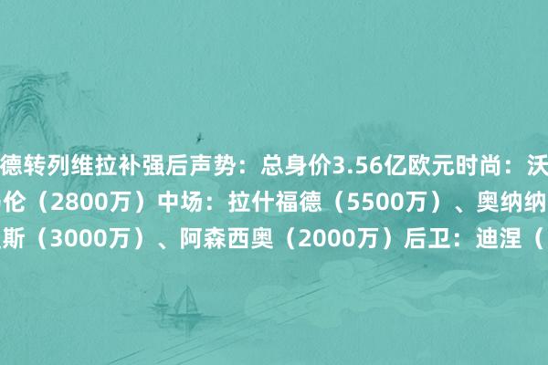 德转列维拉补强后声势：总身价3.56亿欧元时尚：沃特金斯（5500万）、马伦（2800万）中场：拉什福德（5500万）、奥纳纳（5500万）、蒂莱曼斯（3000万）、阿森西奥（2000万）后卫：迪涅（1200万）、保-托雷斯（4500万）、迪萨西（3000万）、安德烈斯-加西亚（120万）门将：马丁内斯（2500万）    体育赛事直播